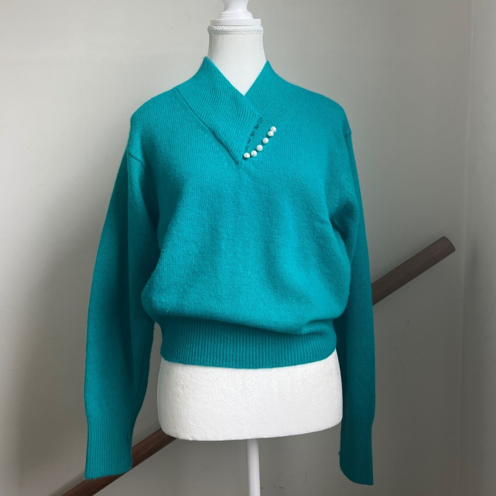 Vintage Lambswool Angora Sweater Pearl Buttons Baggy Preppy‎ Frenchgirl Teal